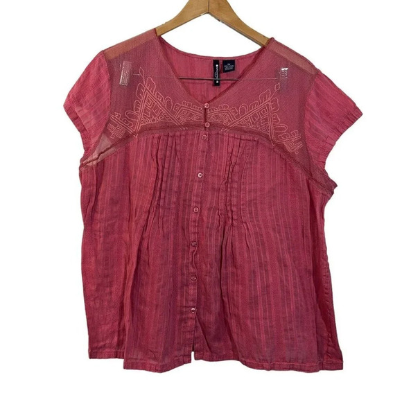 Architect Pink Blouse Plus Size 2X Mesh Lace Embroidered 100% Cotton Button Up - Picture 1 of 8